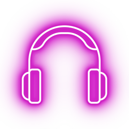 Headphones: a neon pink headphone icon on a black background